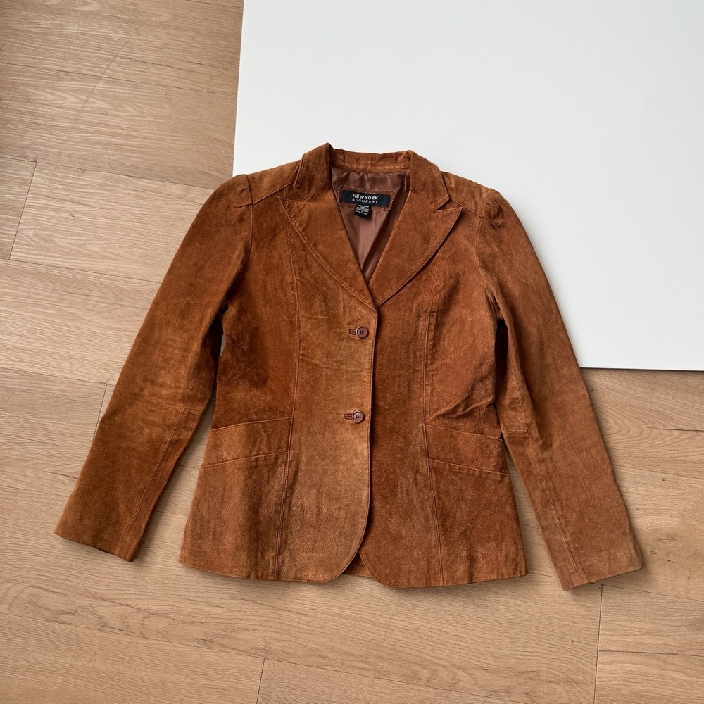 Vintage Y2K Brown Suede Leather Jacket Blazer Medium Button Up Minimalist Boho